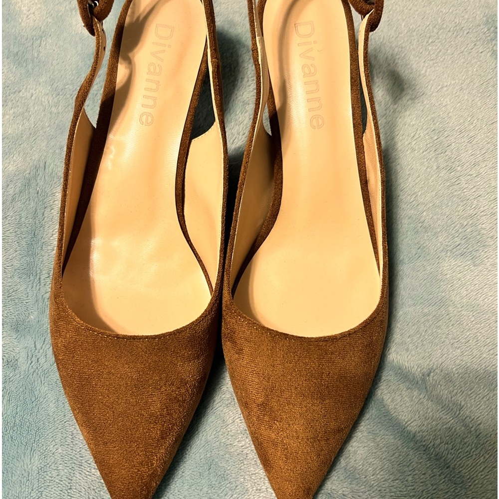 Brown suede kitten heel sling back pumps